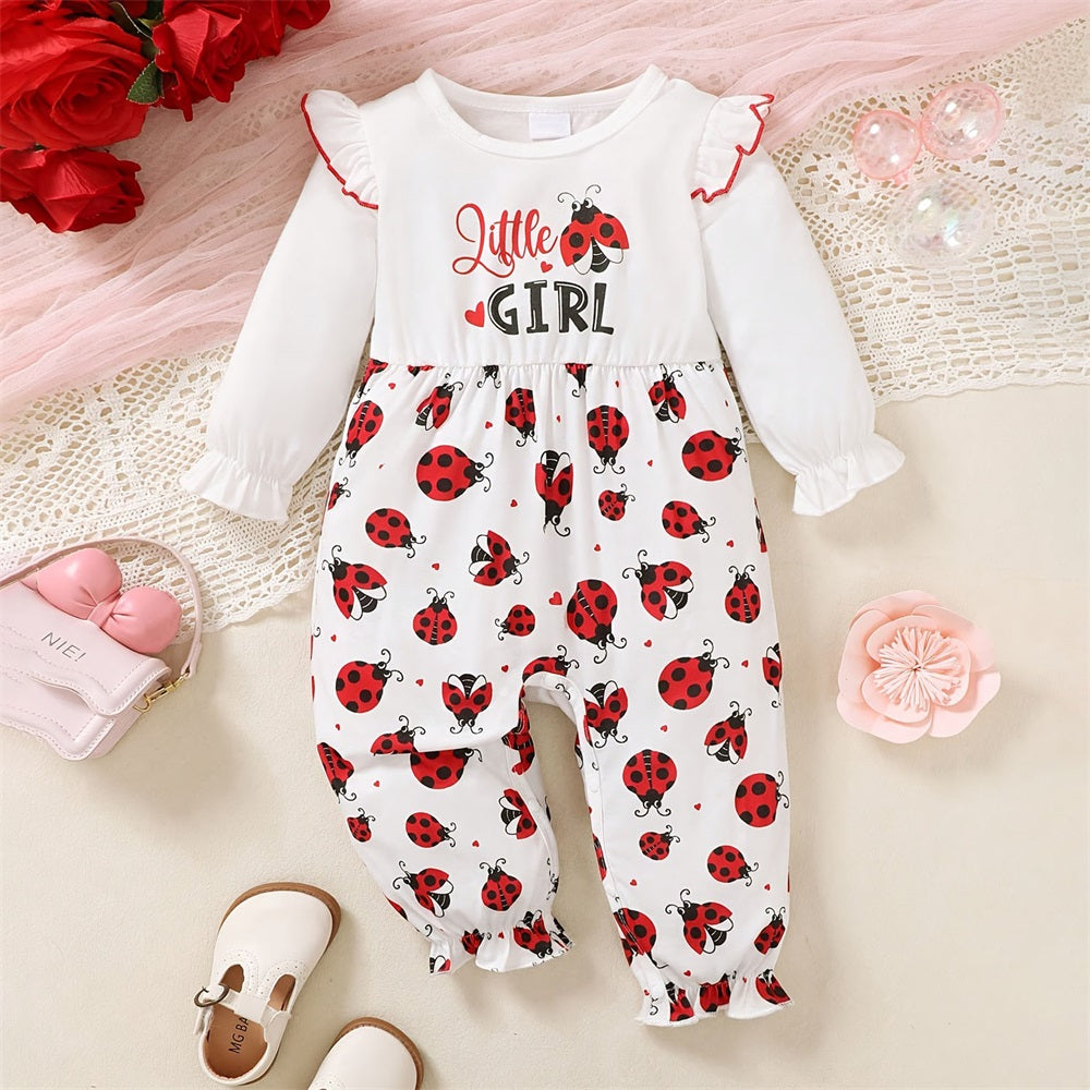 Little Girl Letter Ladybug Print Long Sleeve Baby Jumpsuit