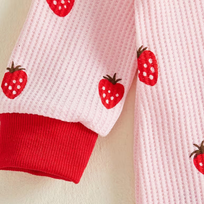 Lovely Strawberry Print Waffle Long Sleeve Baby Girl Jumpsuit