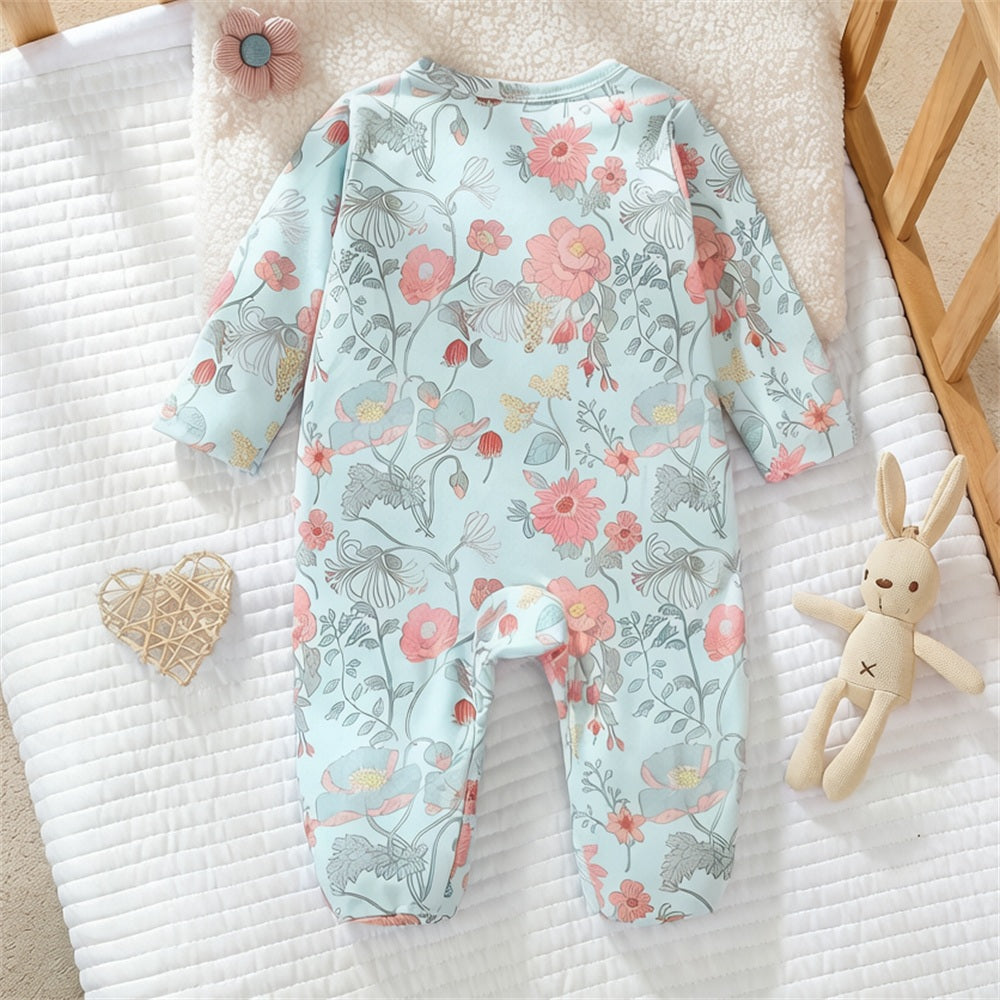 Graceful Floral Print Long Sleeve Baby Jumpsuit
