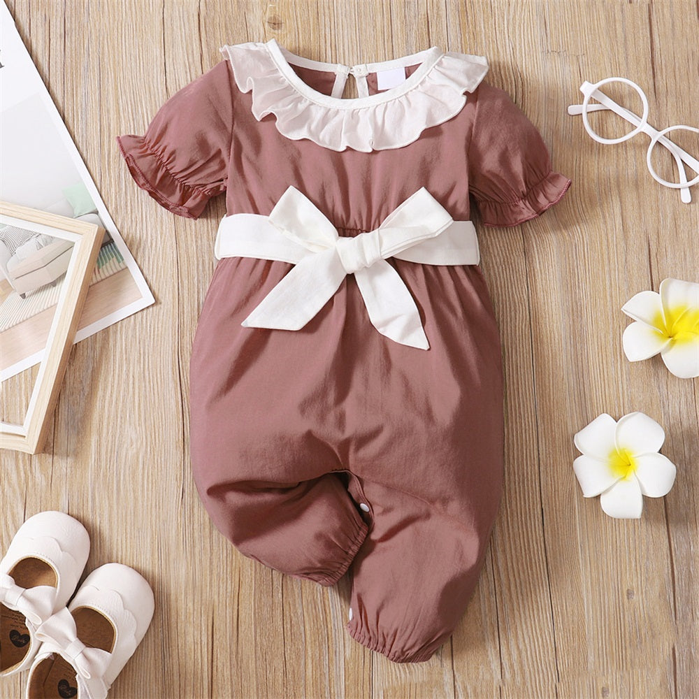 Casual Solid Color Ruffle Collar Short Sleeve Baby Jumpsuit