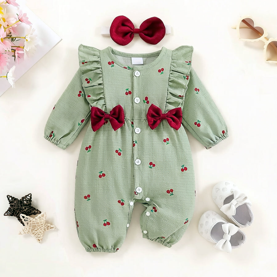2PCS Fresh Cherry Print Bow Long Sleeve Baby Jumpsuit