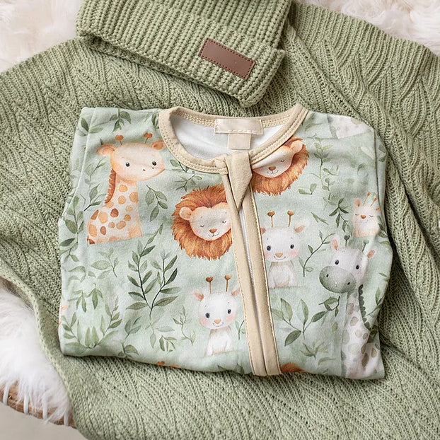 Cute Lion Giraffe Leaf Printed Long Sleeve Zipper Baby Jumpsuit