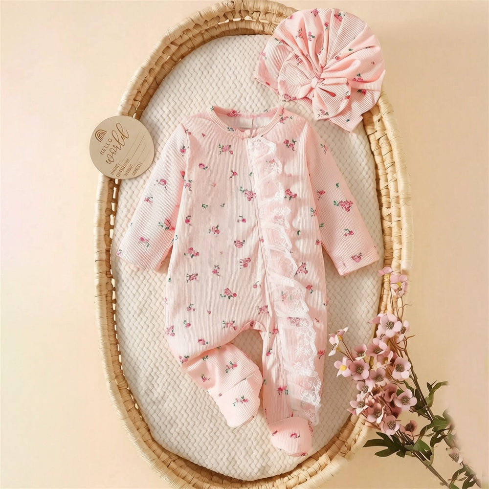 2PCS Delightful Floral Printed Ruffle Zipper Baby Jumpsuit
