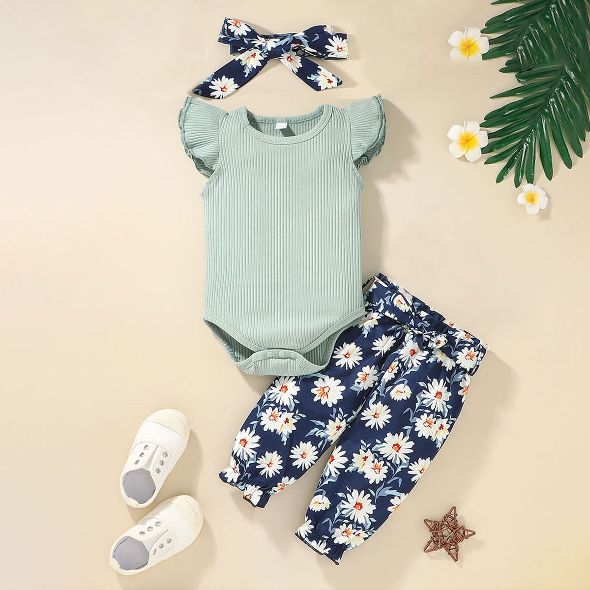 3PCS Sweet Daisy Print Flutter Sleeve Baby Set