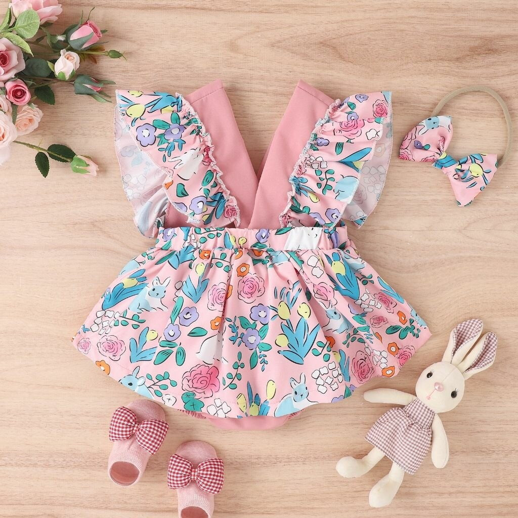 2PCS Gorgeous Floral Print Sleeveless Baby Romper