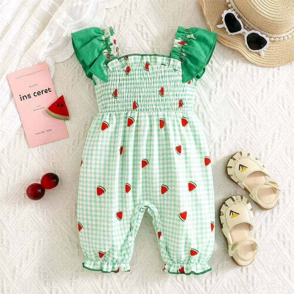 Adorable Watermelon Plaid Print Flutter Sleeve Baby Jumpsuit