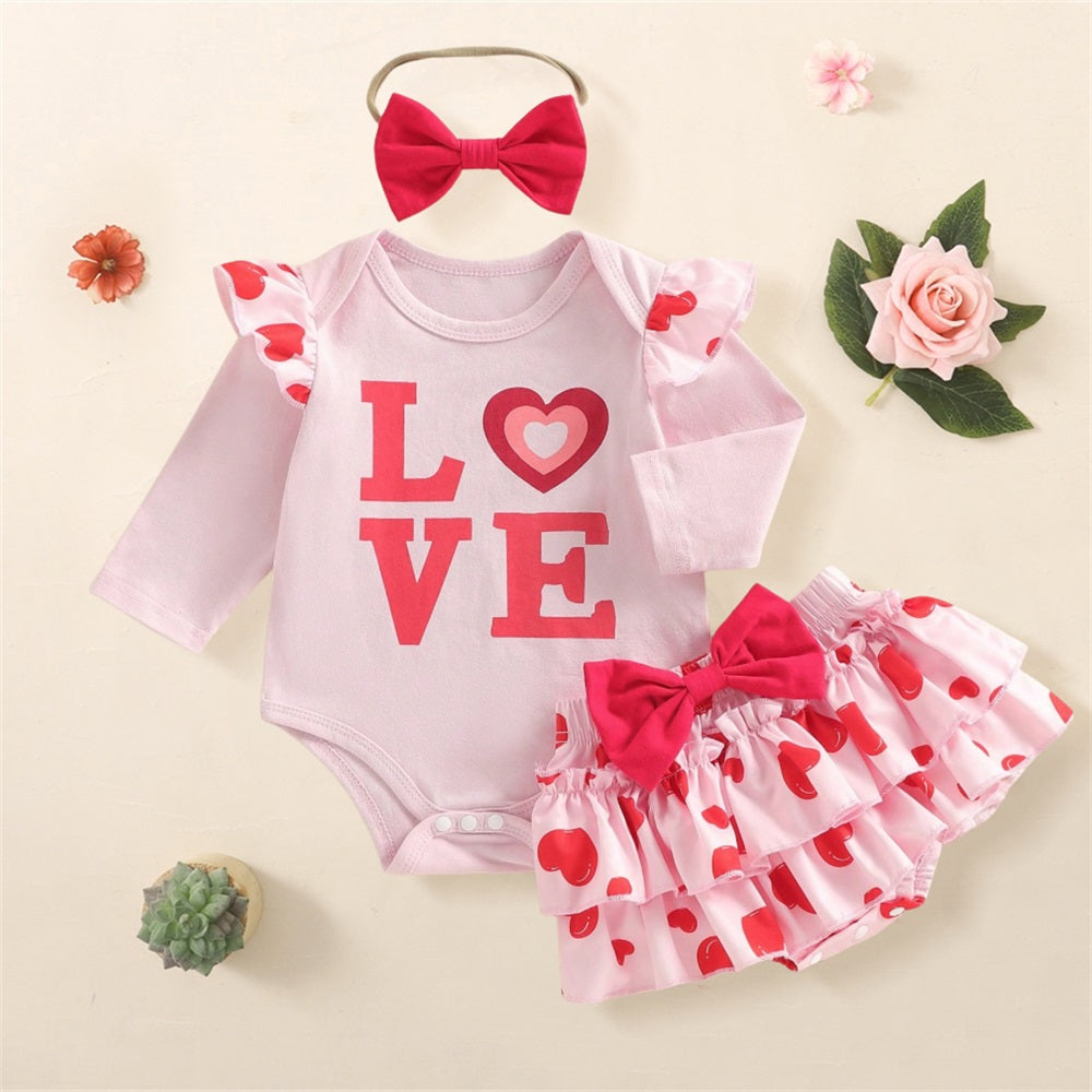 3PCS LOVE Letter Heart Print Long Sleeve Baby Set