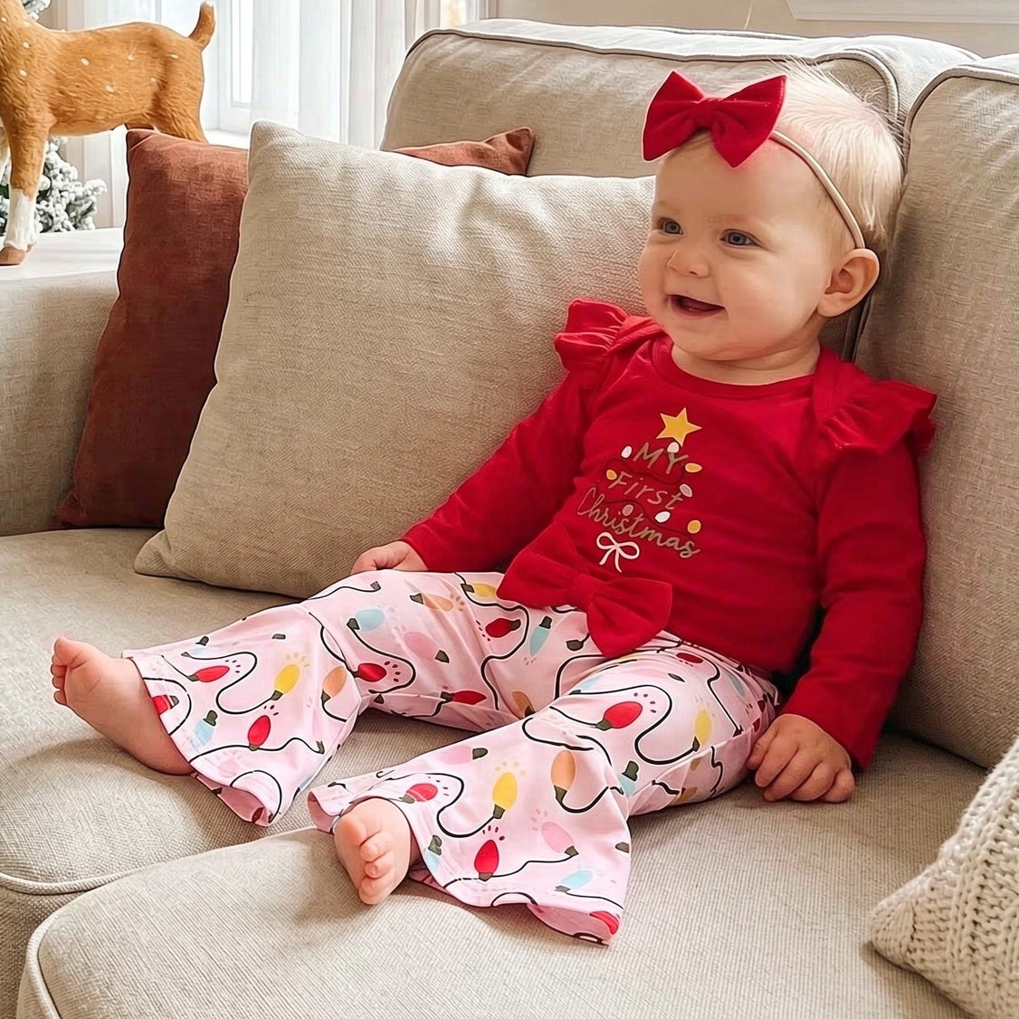 3PCS My First Christmas Letter Holiday Lights Print Long Sleeve Baby Set