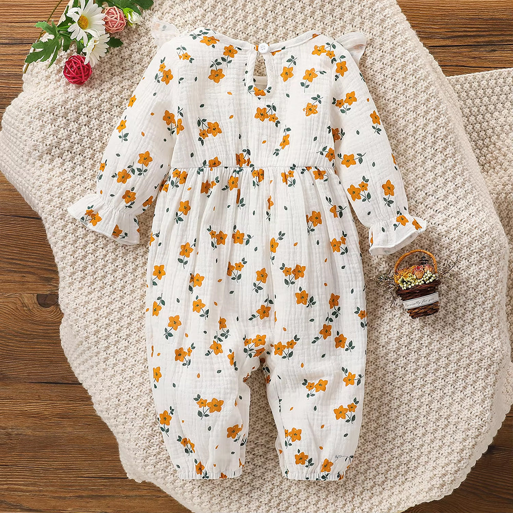 Vintage Baby Girl Floral Print Ruffle Long Sleeve Jumpsuit