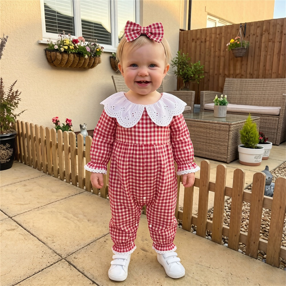 2PCS Chic Plaid Printed Long Sleeve Baby Girl Jumpsuit