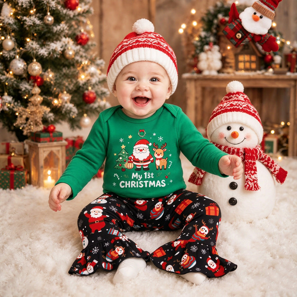 2PCS Pretty My 1st Christmas Letter Santa Claus Print Baby Girl Set
