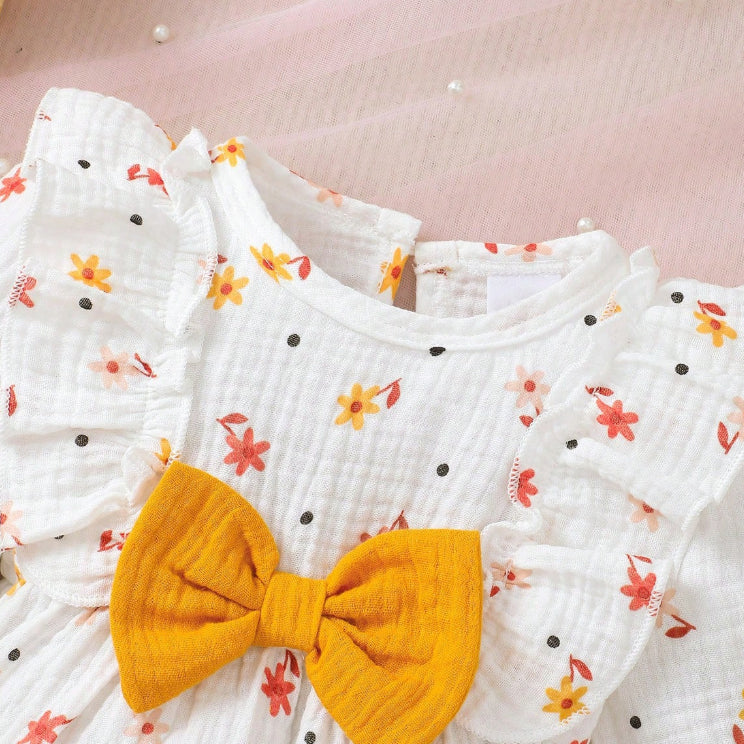 Allover Lovely Floral Printed Bow Long Sleeve Baby Jumpsuit