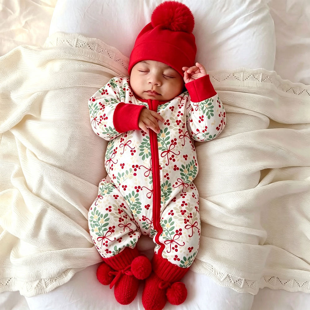 Lovely Christmas Holly Berry Printed Zipper Baby Jumpsuit