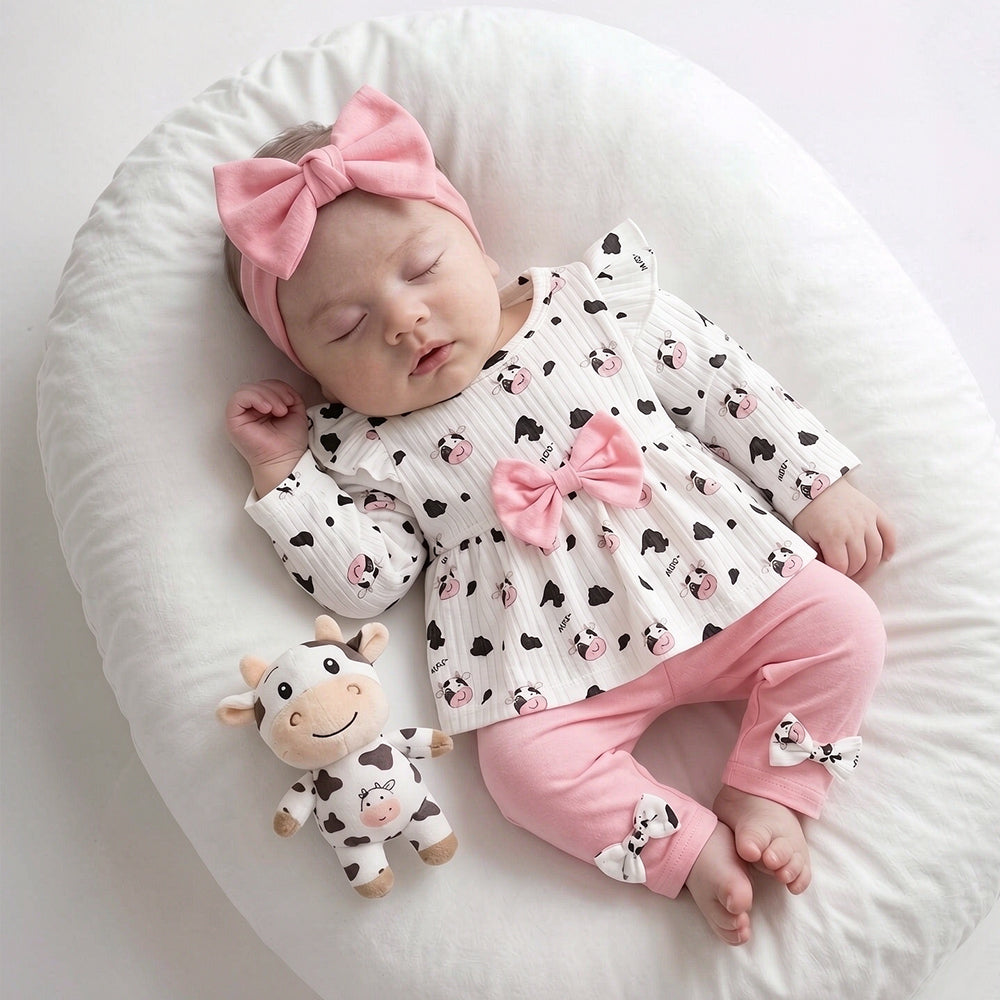 2PCS Sweet Moo Letter Cow Printed Long Sleeve Baby Girl Set