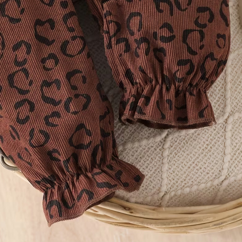 2PCS Chic Baby Girl Leopard Printed Long Sleeve Corduroy Overalls Set
