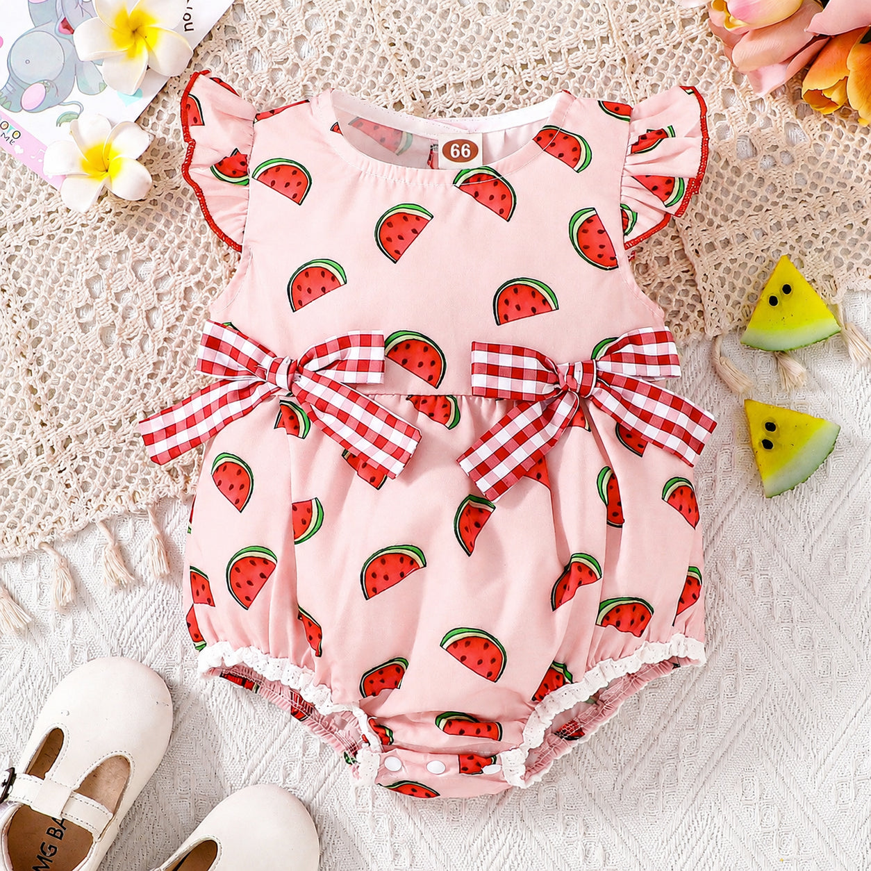 Cute Watermelon Print Bow Flutter Sleeve Baby Romper