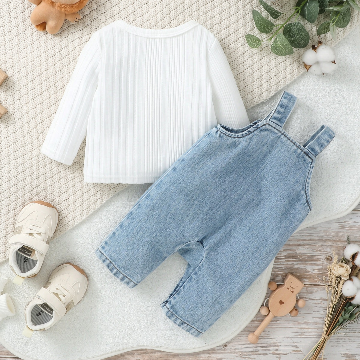 2PCS "I Love Mama" Embroidered Baby Denim Overalls Set