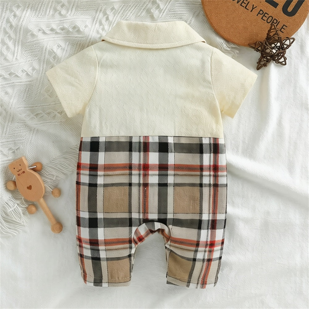 Adorable Bear Appliqué Plaid Print Short Sleeve Baby Jumpsuit