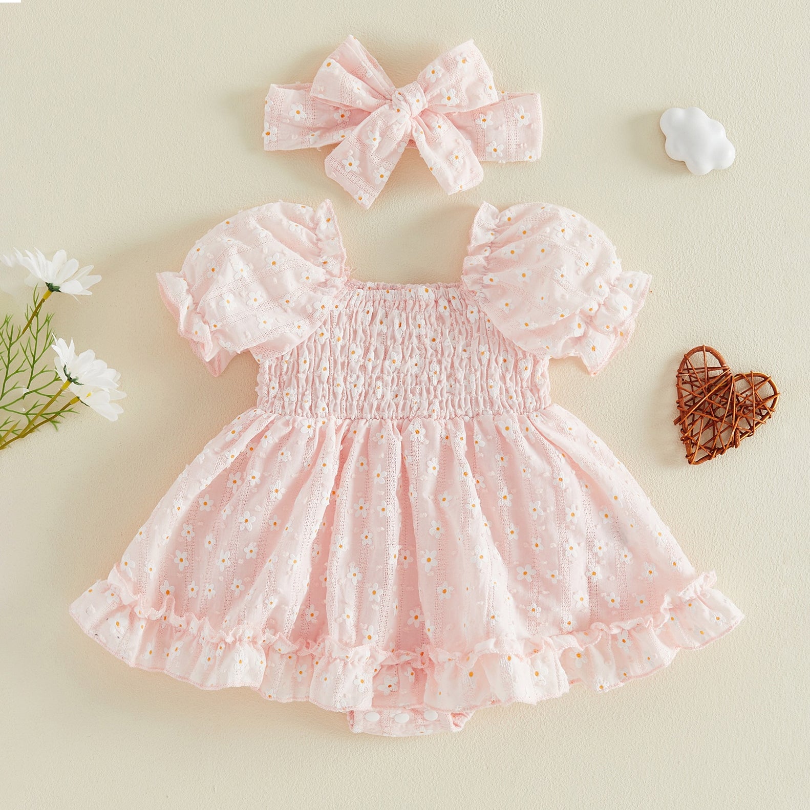 2PCS Elegant Floral Embroidery Short Sleeve Baby Romper
