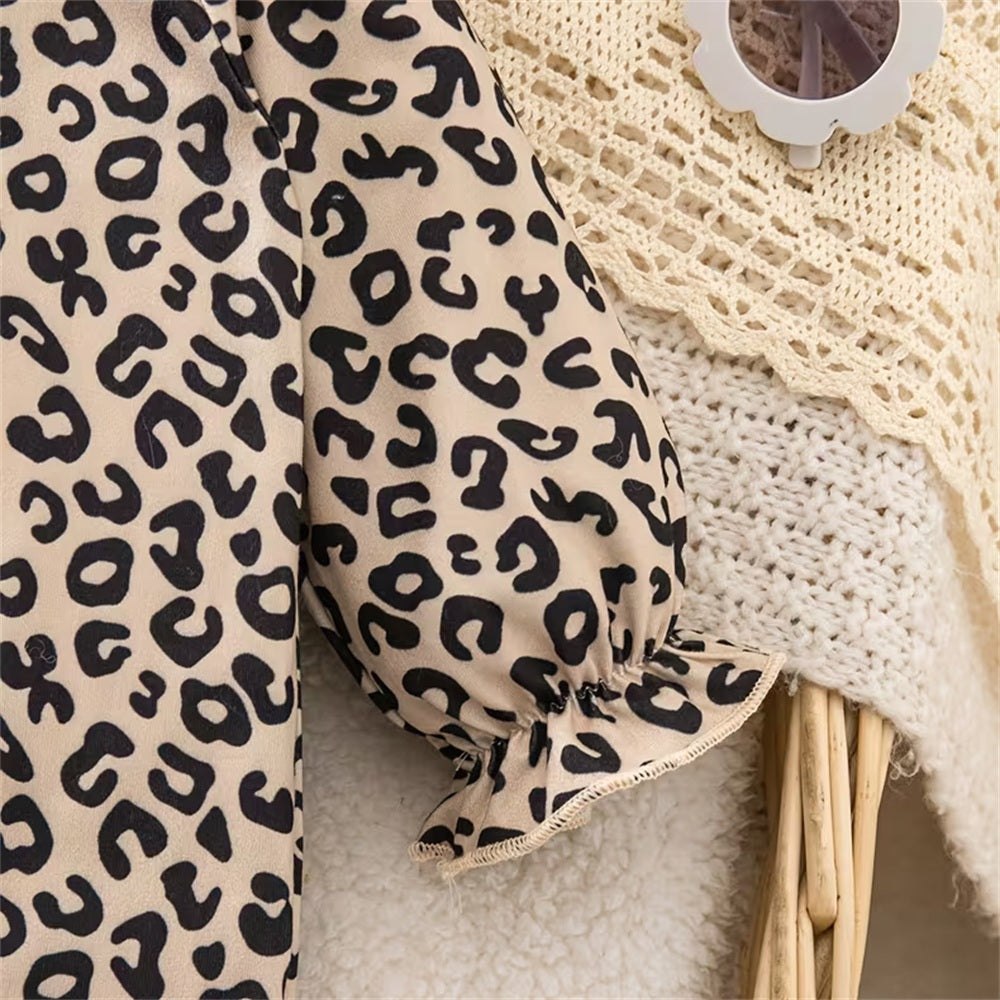 2PCS Adorable Leopard Print Ruffle Long Sleeve Baby Jumpsuit
