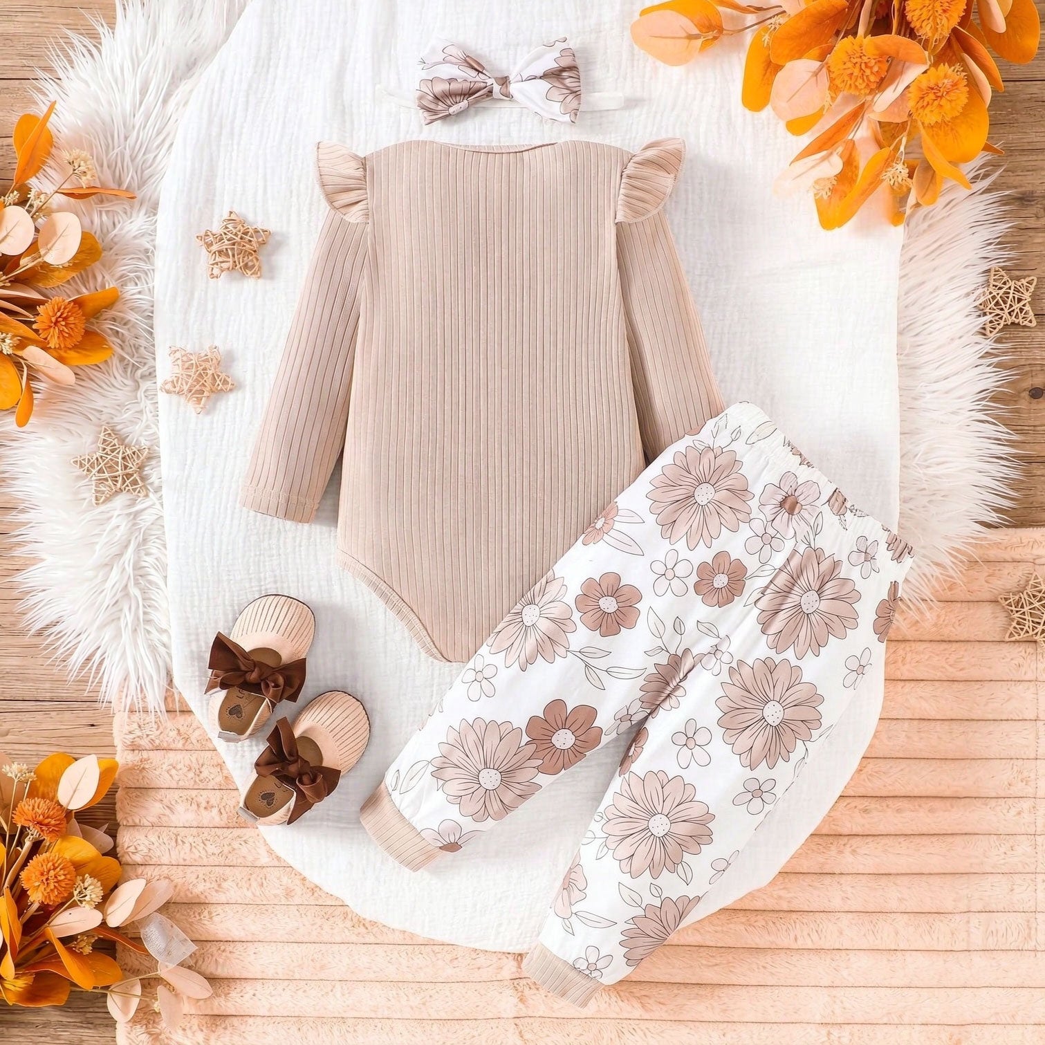 3PCS Refined I Love Mama Letter Floral Printed Long Sleeve Baby Set