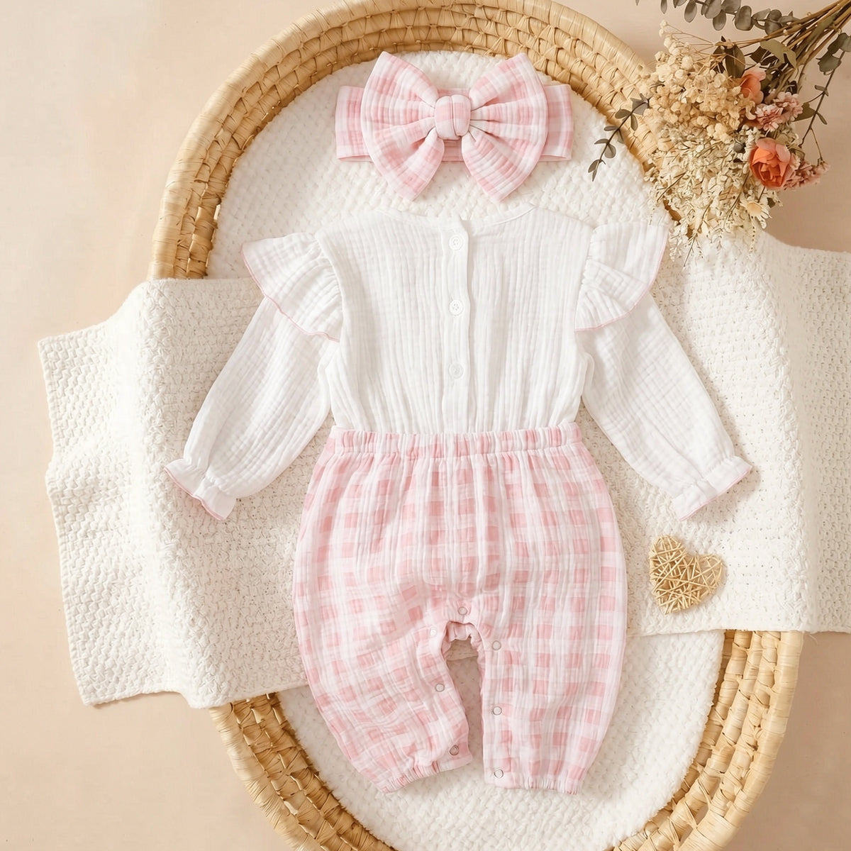 2PCS Pretty Baby Girl Plaid Print Bow Long Sleeve Jumpsuit