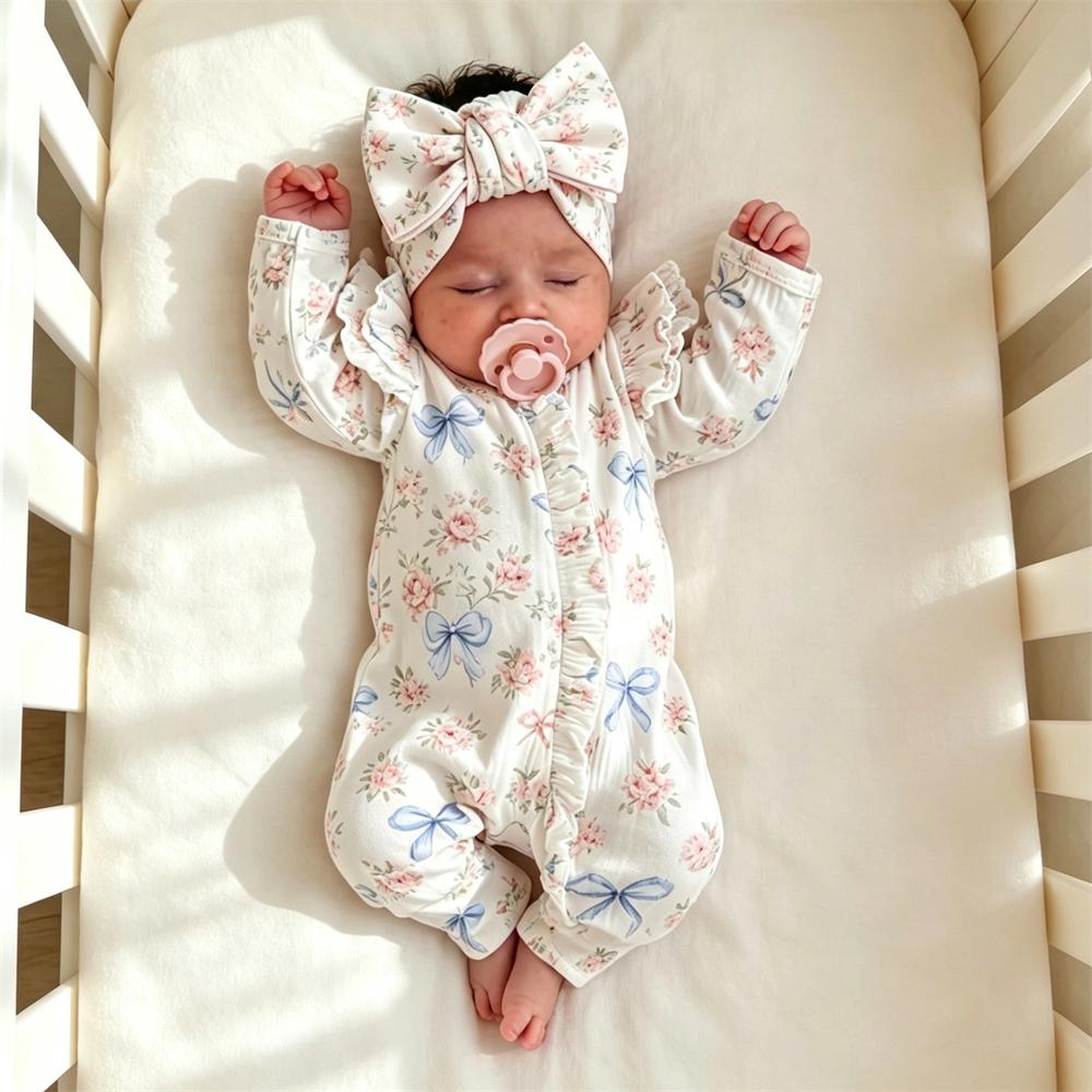 2PCS Refined Floral Bow Printed Ruffle Decor Zipper Baby Jumpsuit