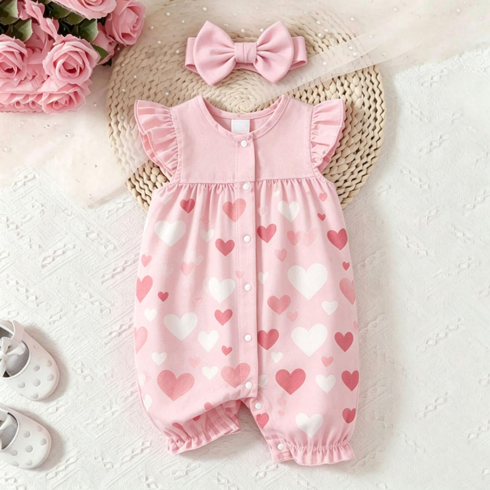 2PCS Lovely All-Over Heart Print Flutter Sleeve Baby Jumpsuit