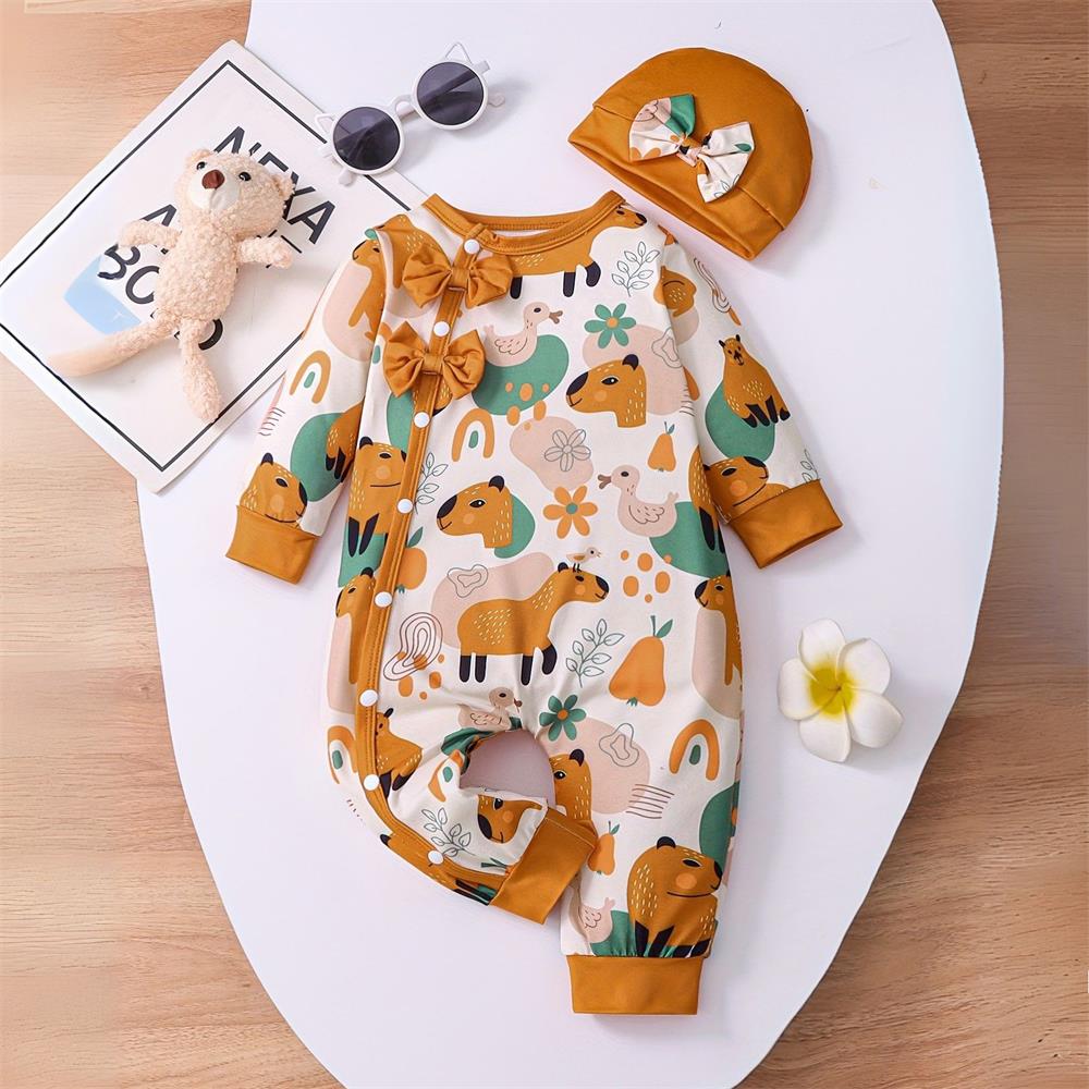 2PCS Cute Capybara Print Long Sleeve Baby Jumpsuit