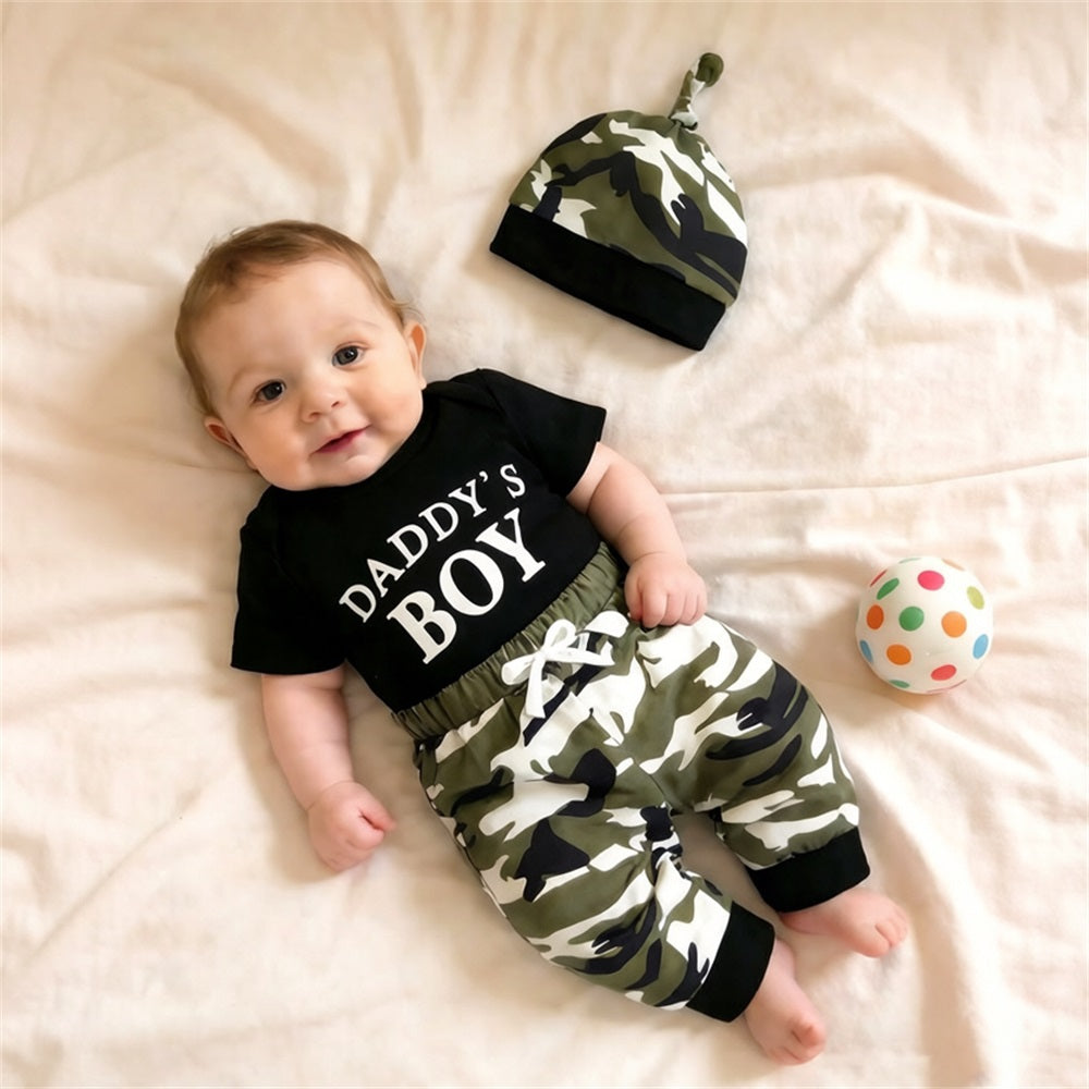 3PCS Daddy's Boy Letter Printed Short Sleeve Camouflage Baby Set
