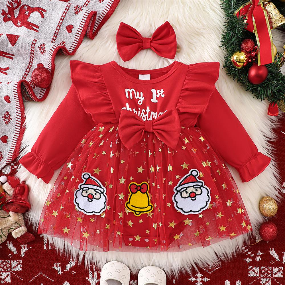 2PCS Santa Claus Embroidered Star Mesh Skirt Baby Romper