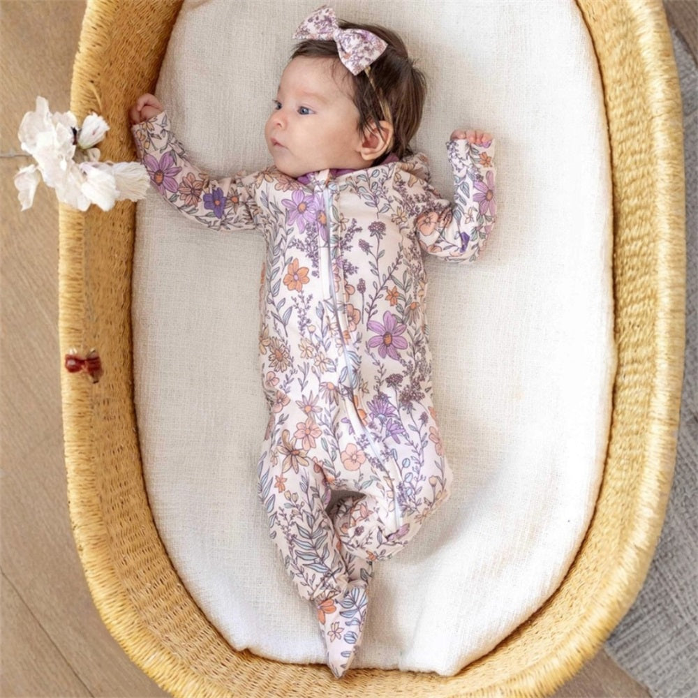 2PCS Casual Floral Printed Long Sleeve Zipper Baby Jumpsuit