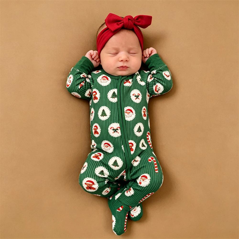 Santa Claus Christmas Elements Stripe Printed Zipper Baby Jumpsuit