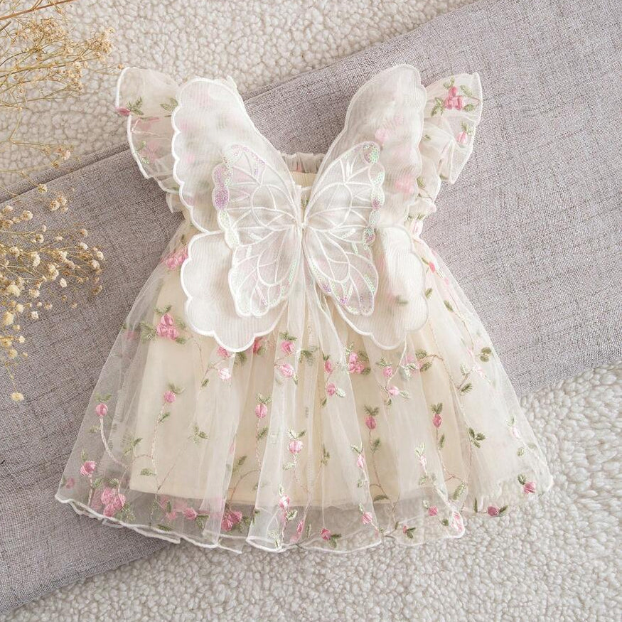 Baby Girl 3D Lace Butterfly Wings Tutu Dress with Floral Embroidery
