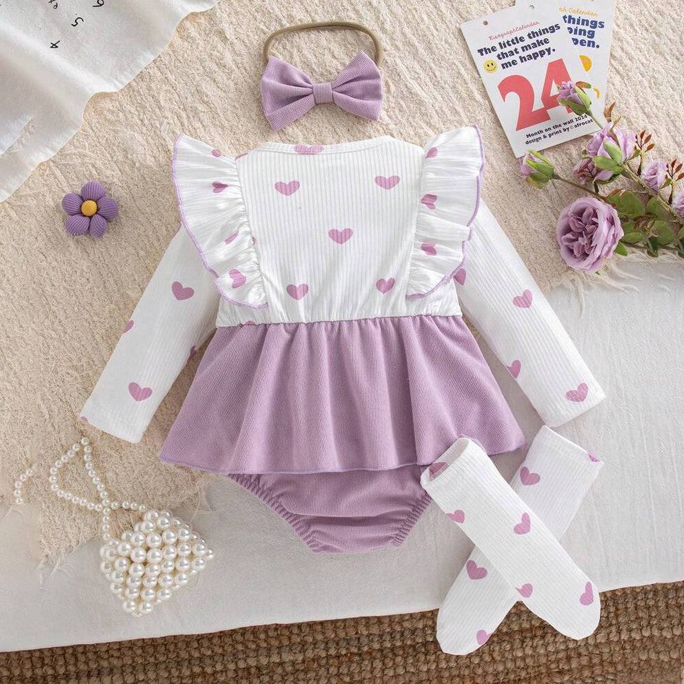 3PCS Lovely Heart Print Bow Long Sleeve Baby Girl Romper