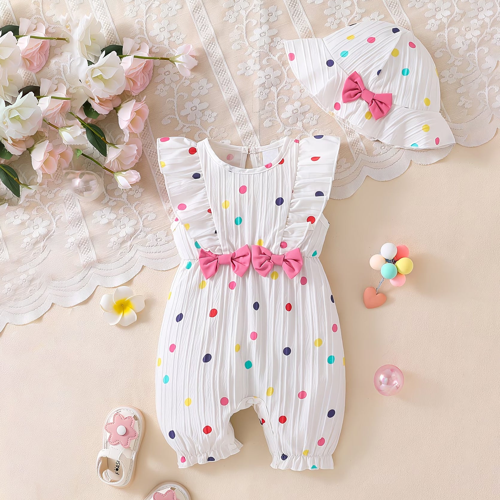 2PCS Lovely Polka Dots Print Ruffle Sleeveless Baby Jumpsuit