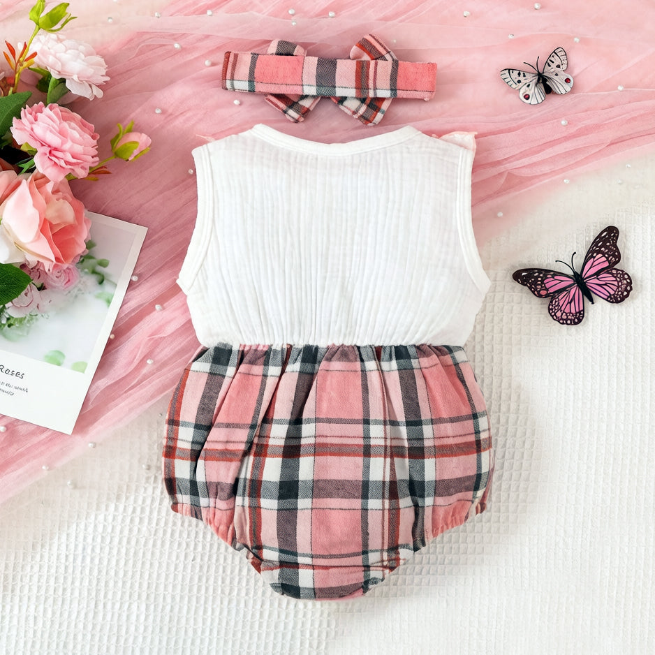 2PCS Classy Plaid Print Sleeveless Baby Romper