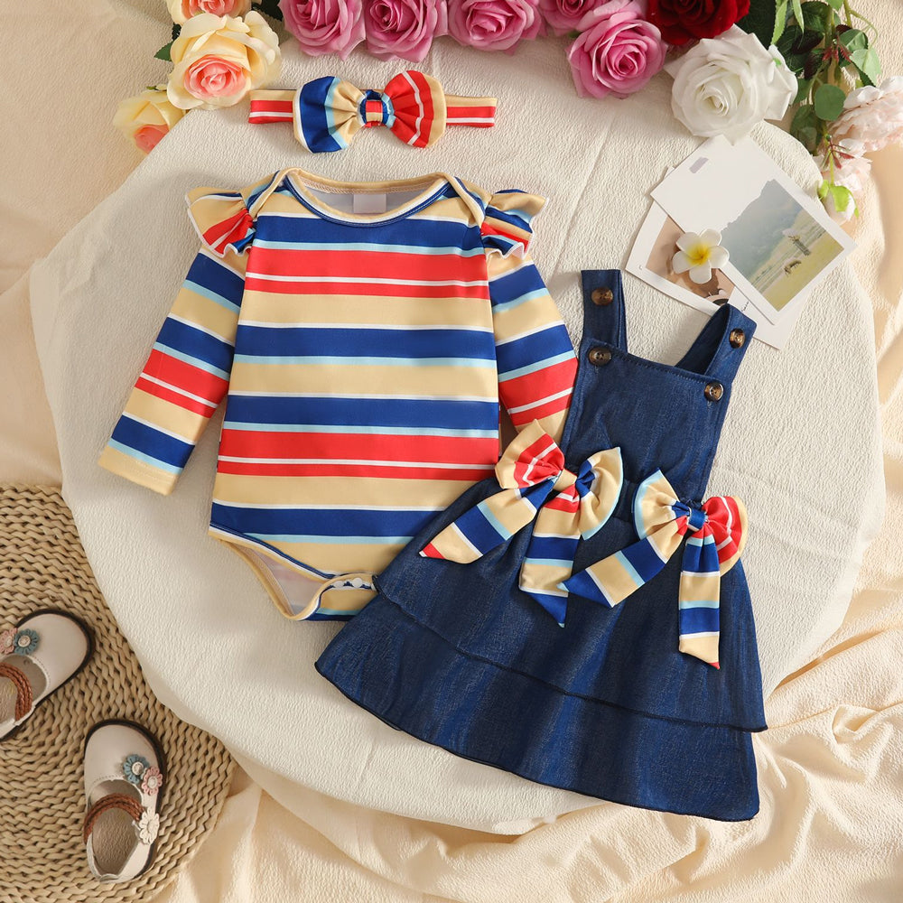 3PCS Chic Color-Block Stripe Print Denim Long Sleeve Baby Set