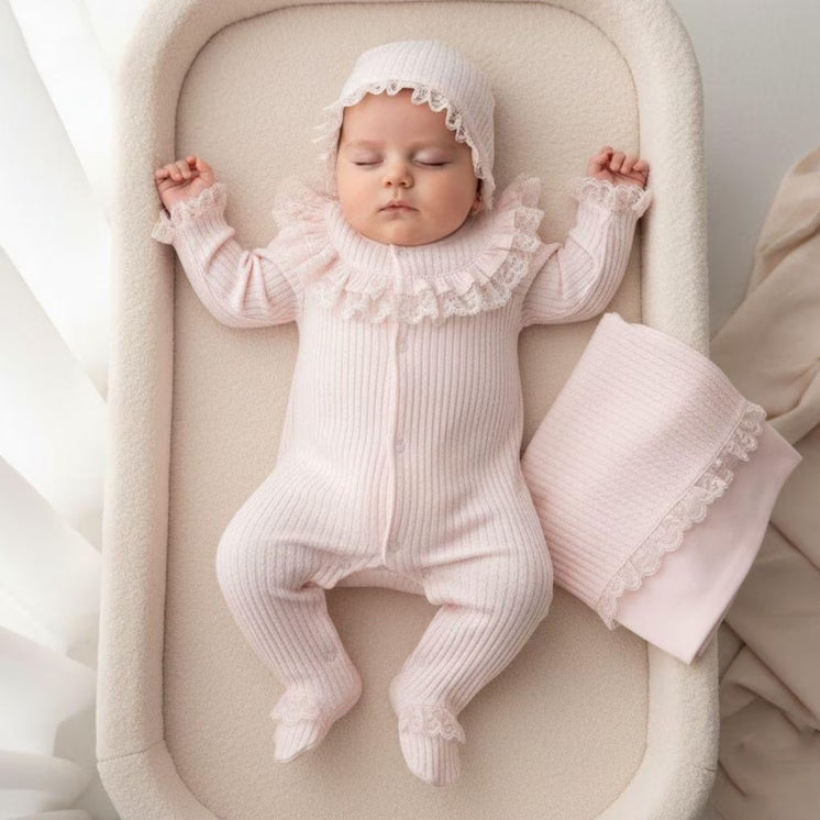 2PCS Lovely Solid Color Knit Lace Trim Long Sleeve Baby Jumpsuit