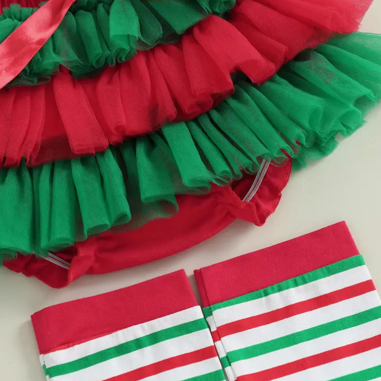4PCS Christmas Tree Printed Mesh Baby Set