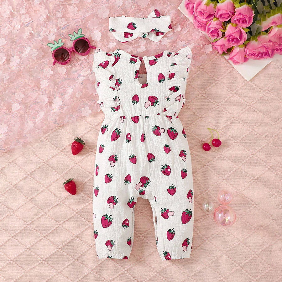 2PCS Cute Allover Strawberry Printed Sleeveless Baby Jumpsuit