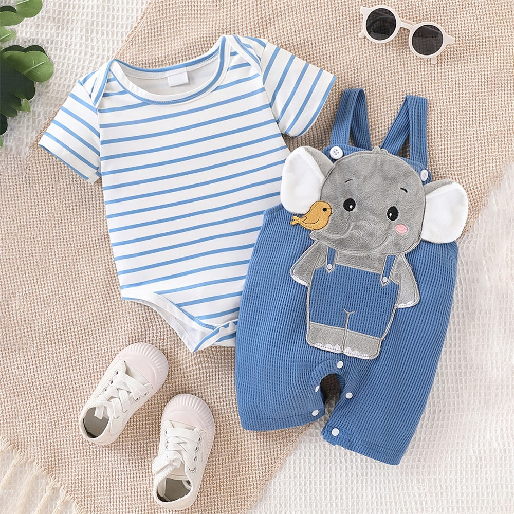 2PCS Cute Elephant Stripe Short Sleeve Baby Overalls Set
