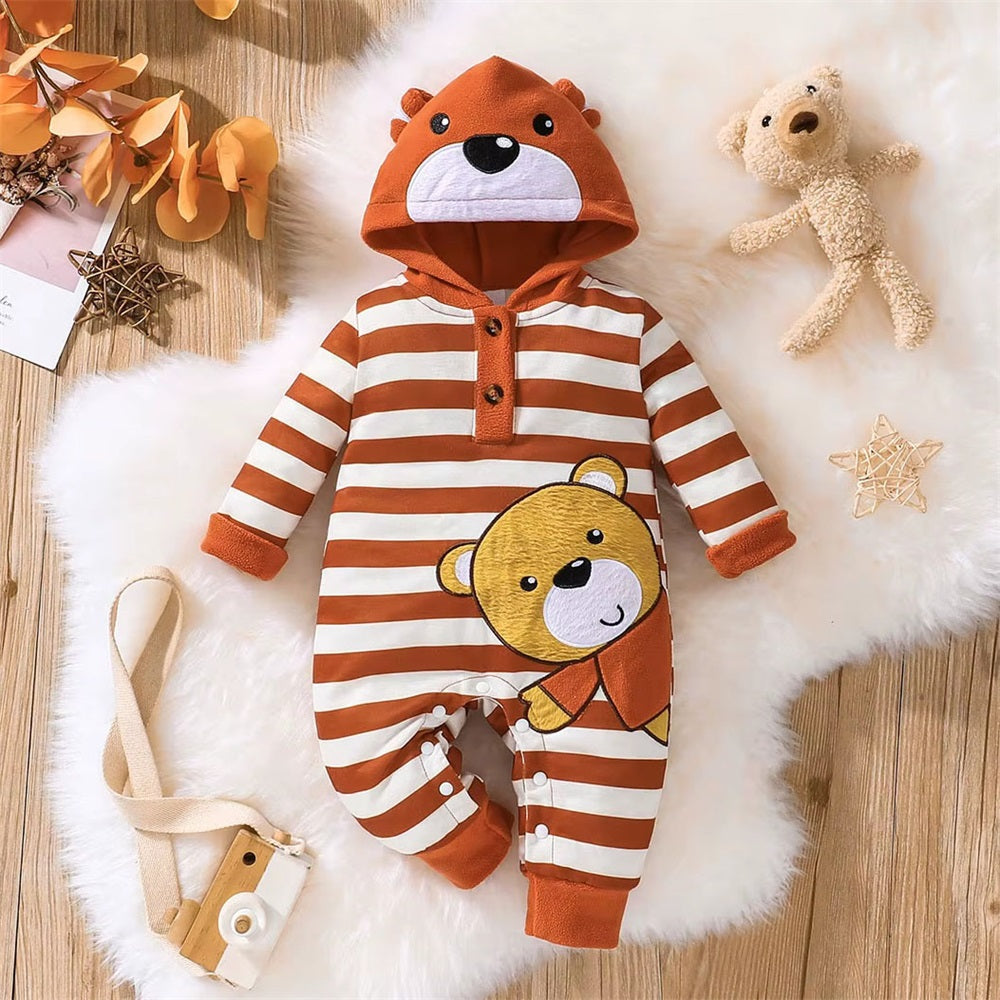 Cute Bear Print Striped Long Sleeve Baby Hooded Jumpsuit