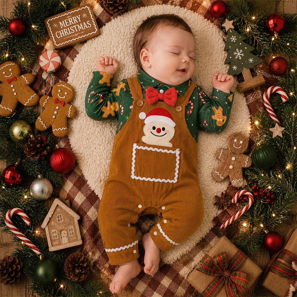 2PCS Gingerbread Man Candy Cane Print Long Sleeve Baby Overalls Set