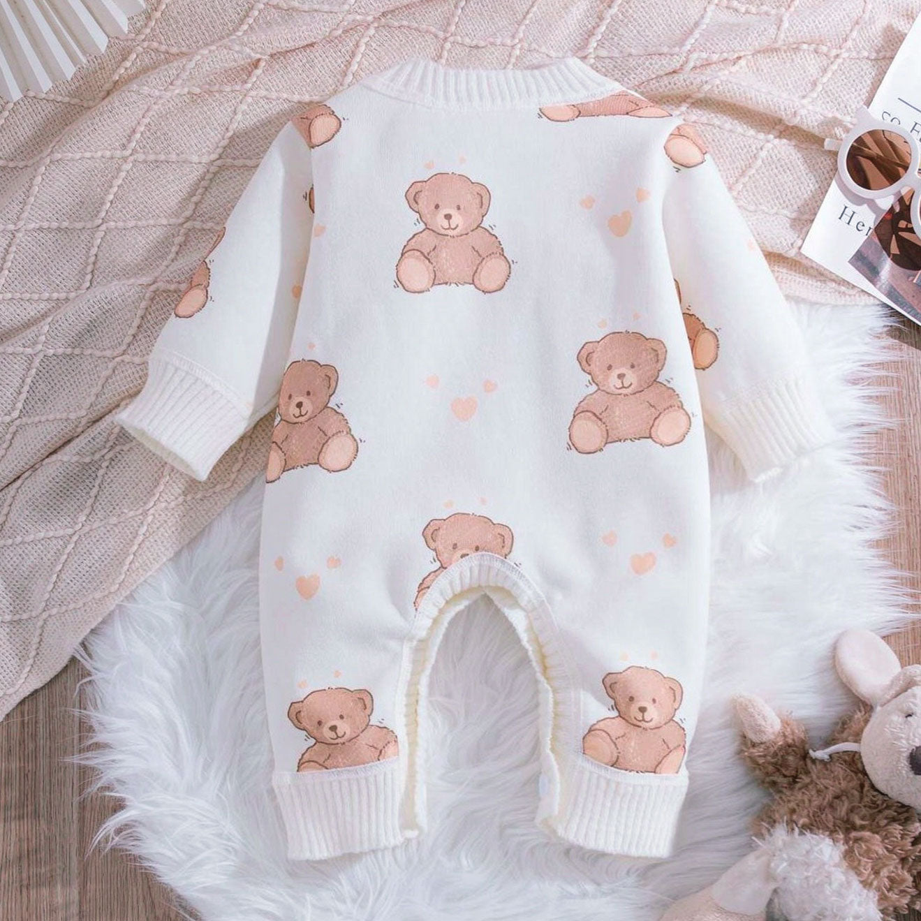 Quirky Bear Printed Knit Long Sleeve Baby Jumpsuit