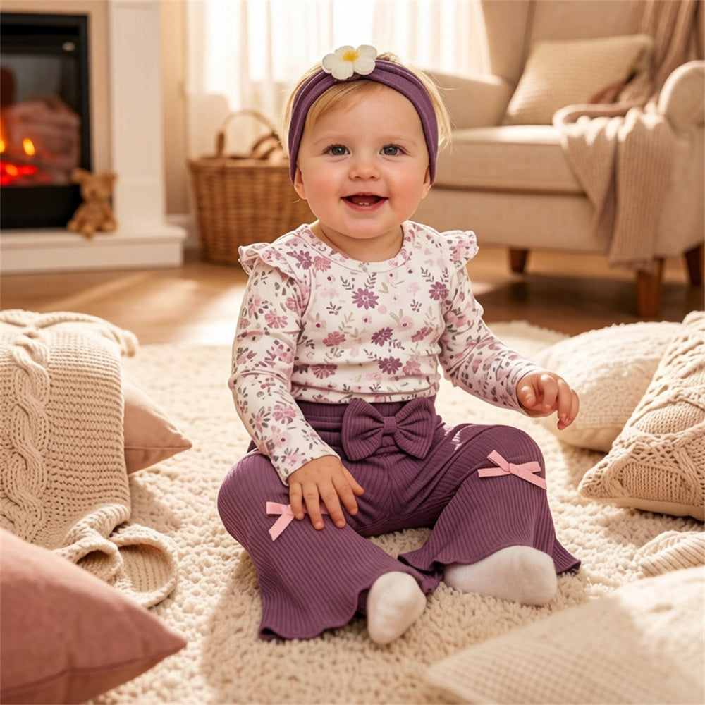 3PCS Classy Floral Print Long Sleeve Bowknot Decor Baby Set