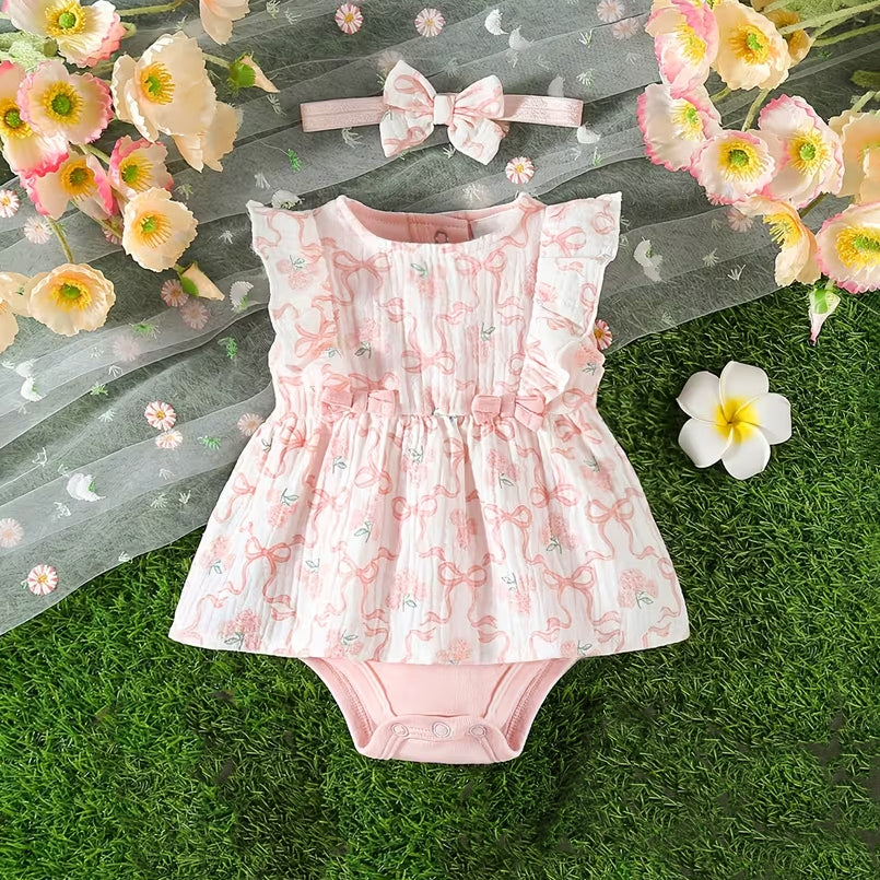 2PCS Quirky Bow Floral Printed Sleeveless Baby Romper