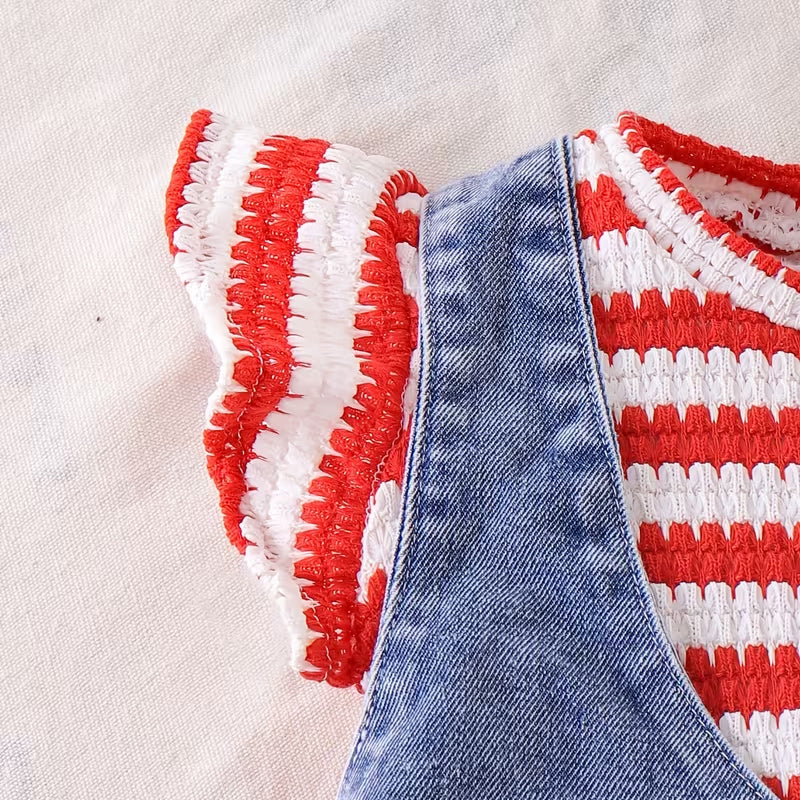 2PCS Lovely Strawberry Appliqued Striped Flutter Sleeve Baby Overalls Set