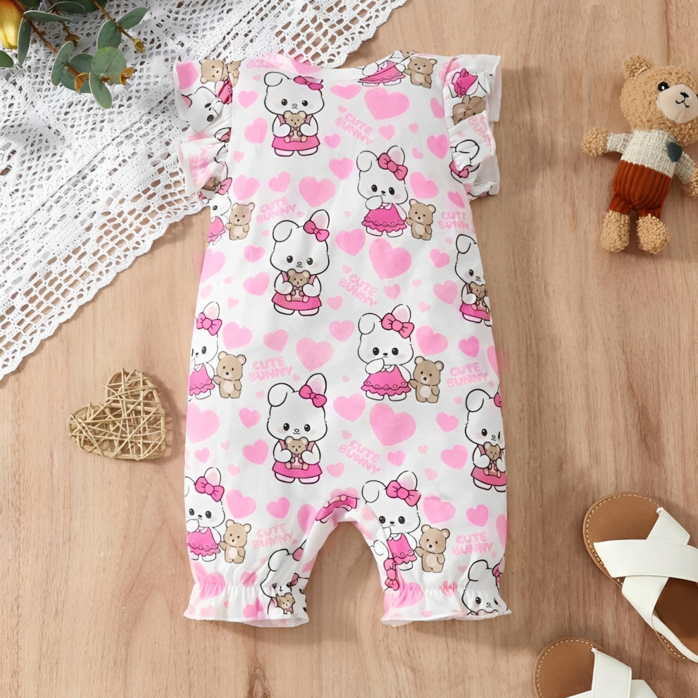 Lovely Bunny Bear Heart Print Sleeveless Baby Jumpsuit