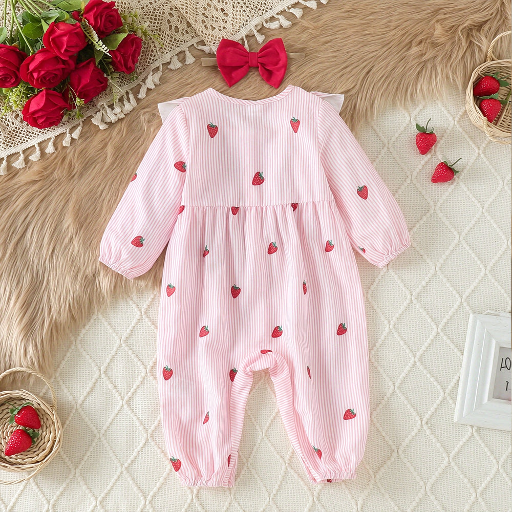 2PCS Casual Stripe Strawberry Print Long Sleeve Baby Jumpsuit